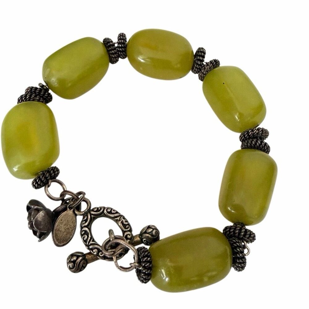 PEY Sterling Silver Green Stone Statement Bracelet Floral Toggle